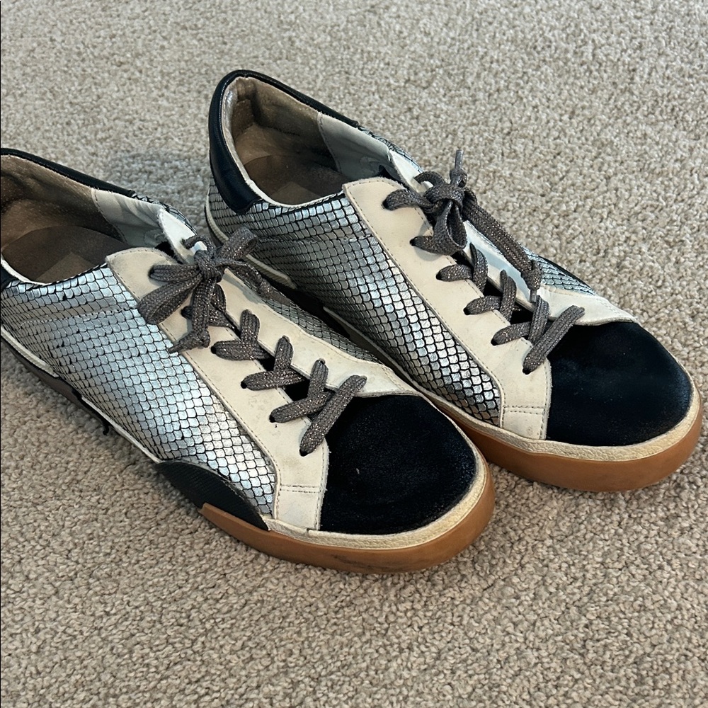 Dolce Vita Silver Snake-Print & Black Suede Sneakers